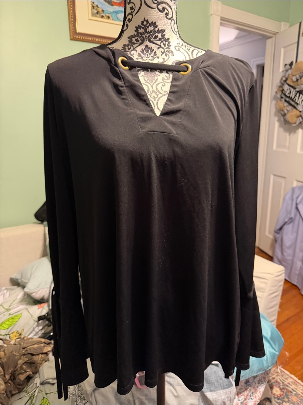 Michael Kors Black Long-Sleeve V-Neck Top with Gold Eyelet Detail